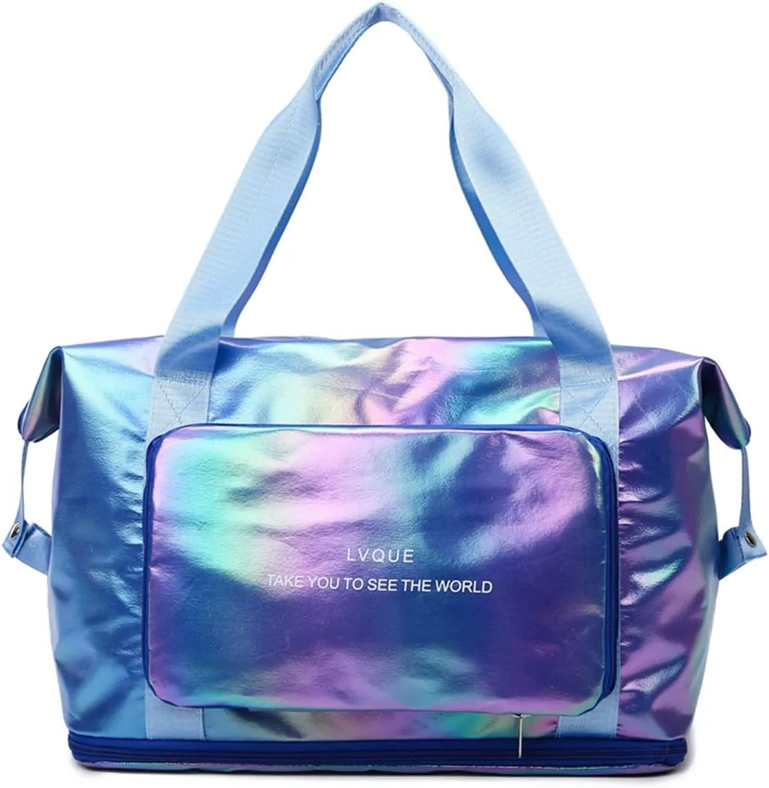Laser Foldable Gym Bag for Women,Sports Travel Duffel Bag, Weekender Overnight Bag with Wet Pocket and Shoes Compartment for Women, Travel,Workout,Gym, Yoga G44 (Dazzling Purple)