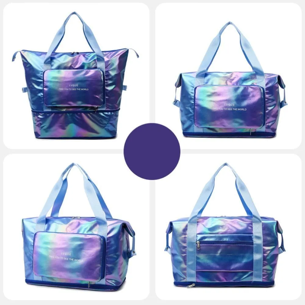 Laser Foldable Gym Bag for Women,Sports Travel Duffel Bag, Weekender Overnight Bag with Wet Pocket and Shoes Compartment for Women, Travel,Workout,Gym, Yoga G44 (Dazzling Purple)
