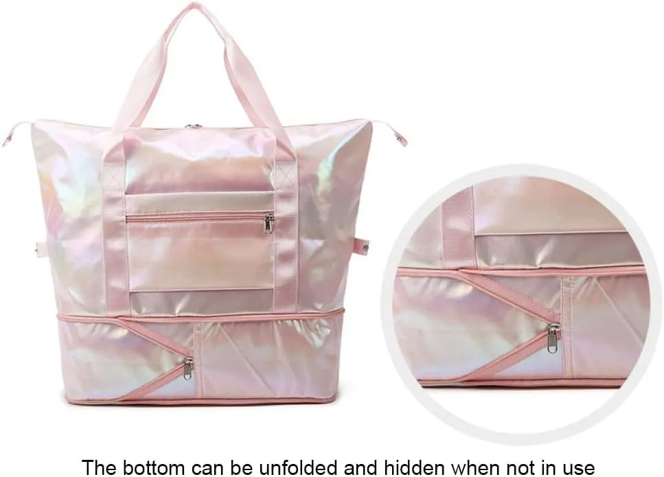 Laser Foldable Gym Bag for Women,Sports Travel Duffel Bag, Weekender Overnight Bag with Wet Pocket and Shoes Compartment for Women, Travel,Workout,Gym, Yoga G44 (Dazzling Purple)