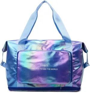 Laser Foldable Gym Bag for Women,Sports Travel Duffel Bag, Weekender Overnight Bag with Wet Pocket and Shoes Compartment for Women, Travel,Workout,Gym, Yoga G44 (Dazzling Purple)