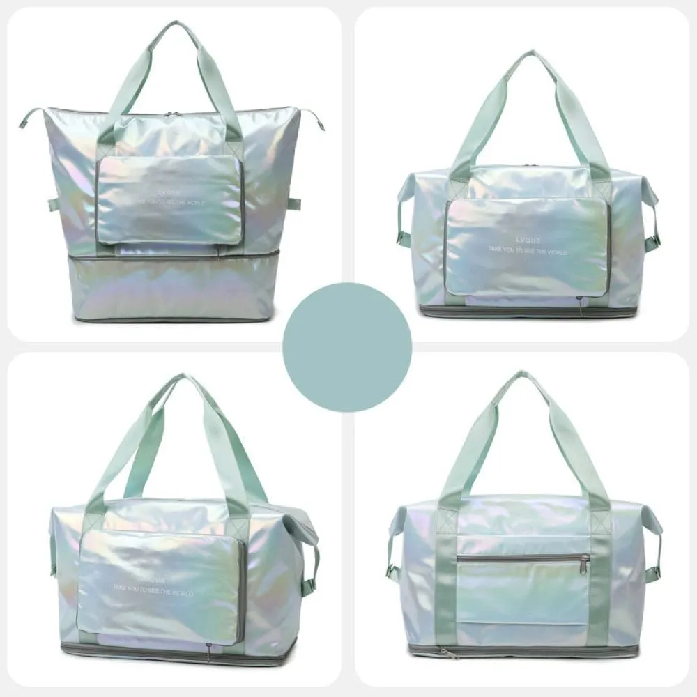 Laser Foldable Gym Bag for Women,Sports Travel Duffel Bag, Weekender Overnight Bag with Wet Pocket and Shoes Compartment for Women, Travel,Workout,Gym, Yoga G44 (Green)