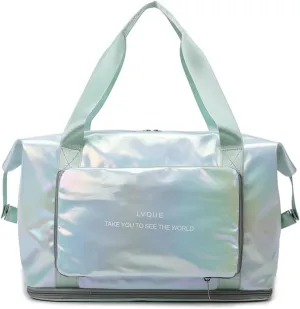 Laser Foldable Gym Bag for Women,Sports Travel Duffel Bag, Weekender Overnight Bag with Wet Pocket and Shoes Compartment for Women, Travel,Workout,Gym, Yoga G44 (Green)