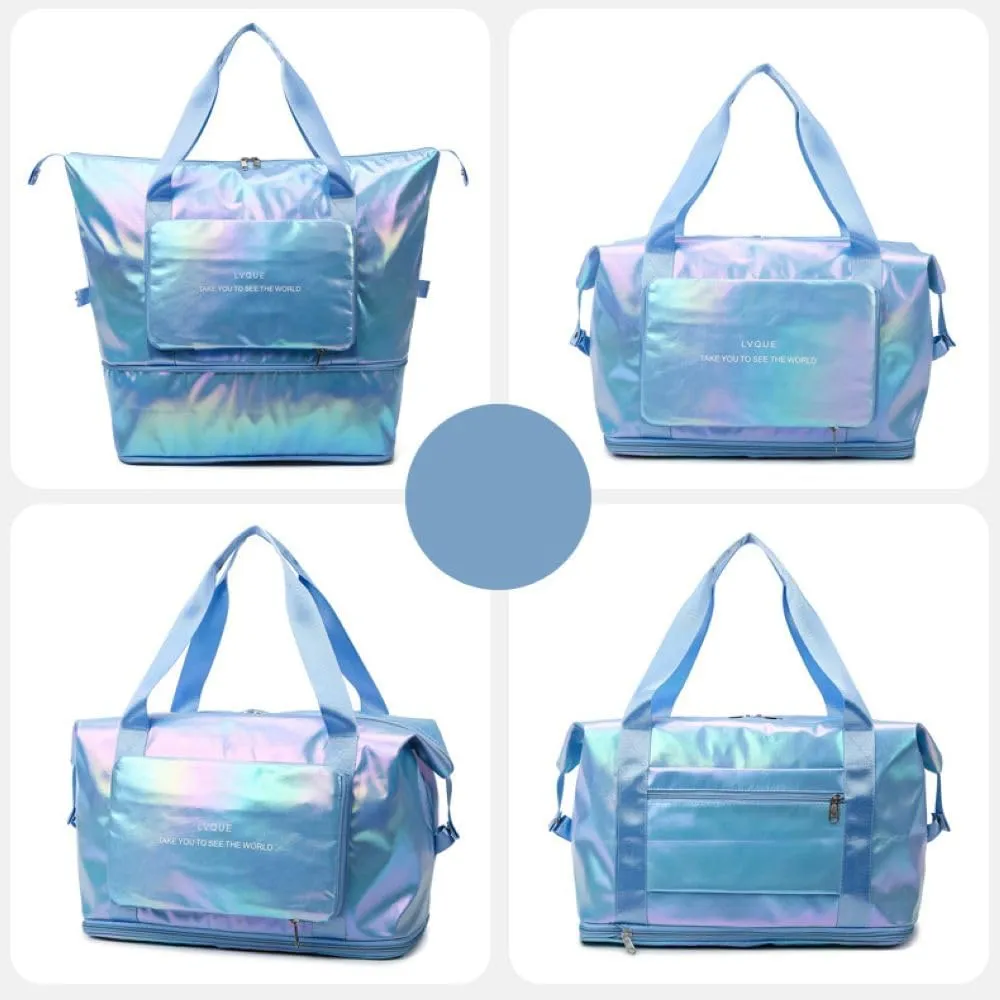 Laser Foldable Gym Bag for Women,Sports Travel Duffel Bag, Weekender Overnight Bag with Wet Pocket and Shoes Compartment for Women, Travel,Workout,Gym, Yoga G44 (Lake Blue)