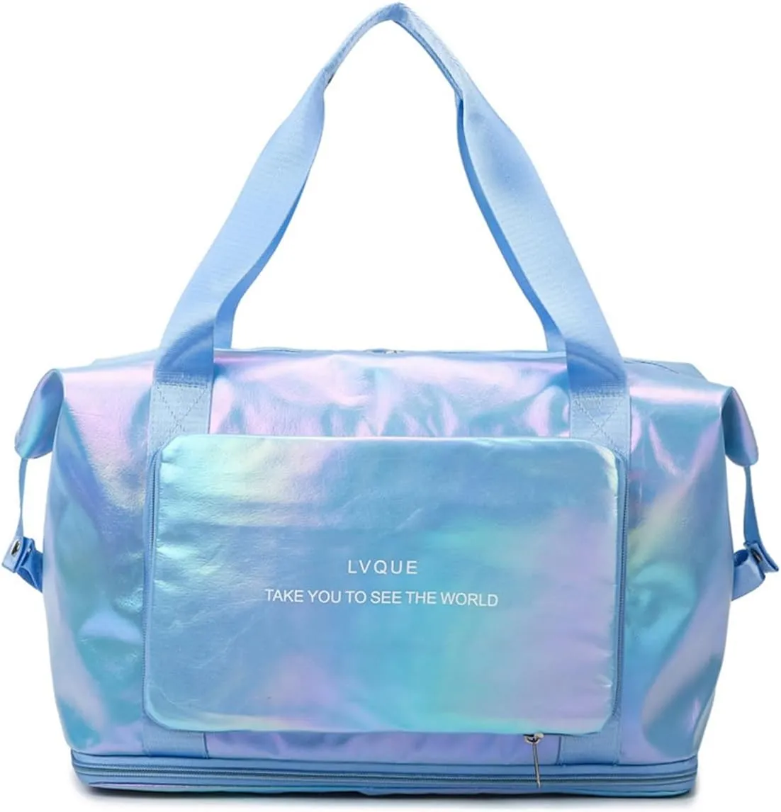 Laser Foldable Gym Bag for Women,Sports Travel Duffel Bag, Weekender Overnight Bag with Wet Pocket and Shoes Compartment for Women, Travel,Workout,Gym, Yoga G44 (Lake Blue)