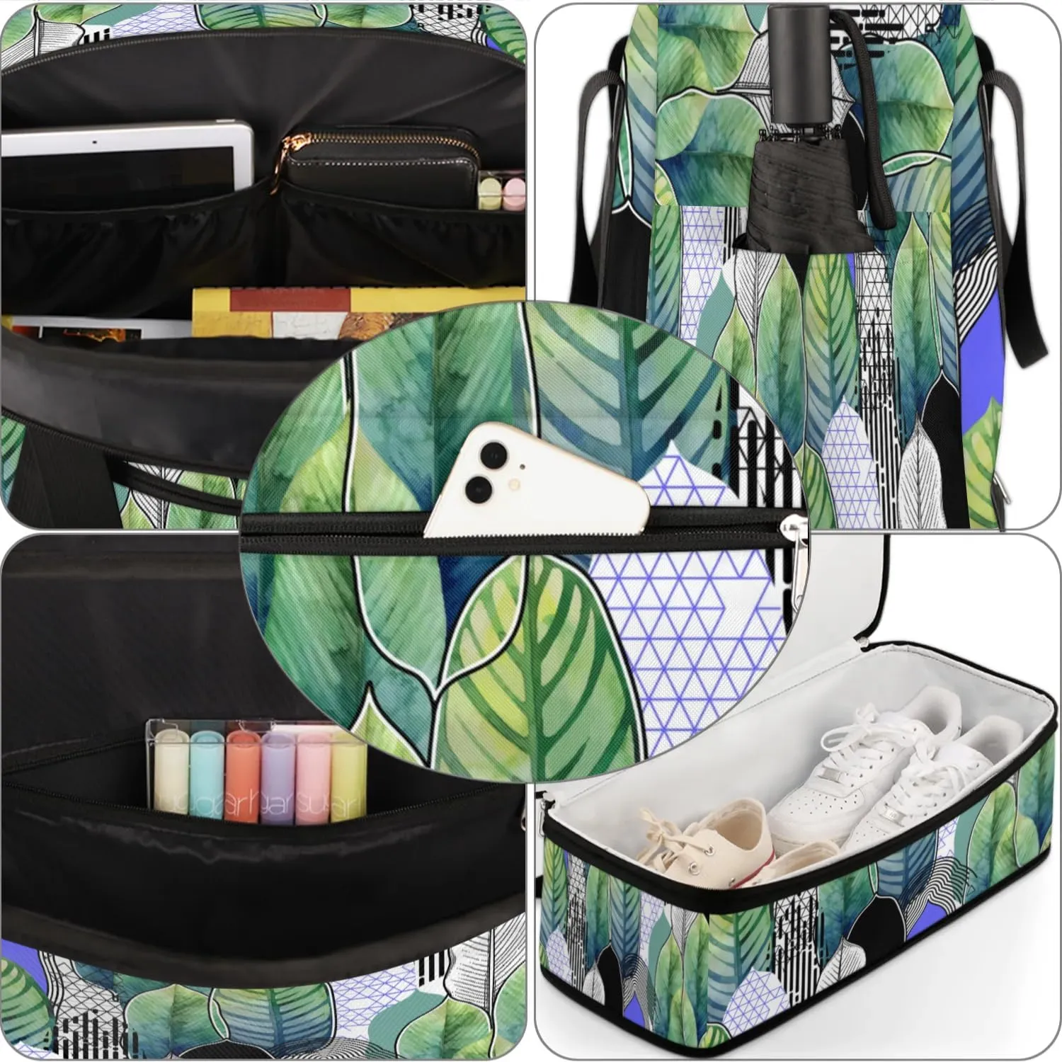 Leaf Pattern Sports Gym Bag with Shoes Compartment Foldable Travel Duffel Bag Dry Wet Separated Sports Tote Workout Weekender Overnight Bag for Women Yoga Dance Work Training Handbag