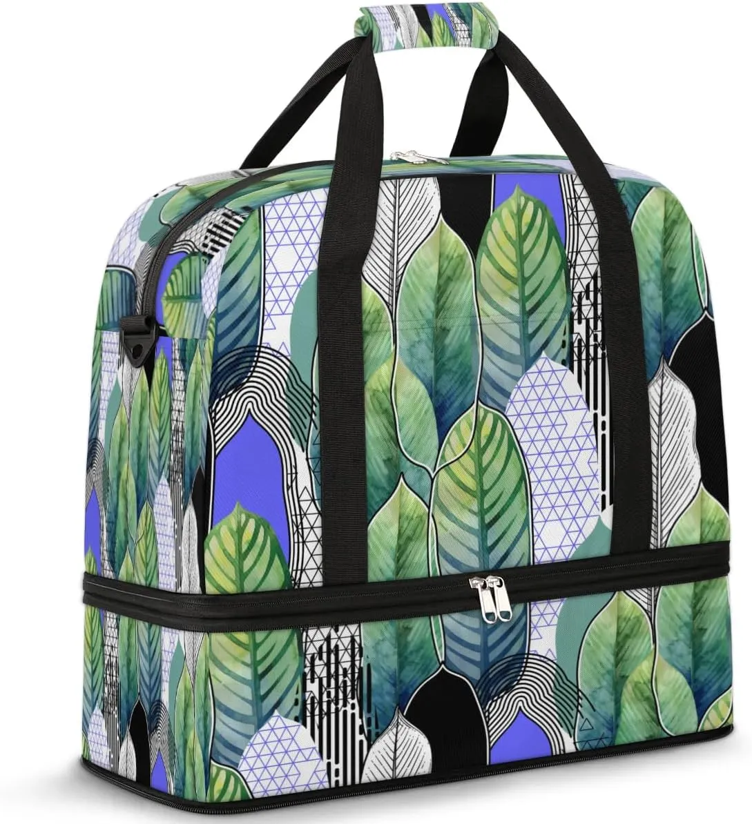 Leaf Pattern Sports Gym Bag with Shoes Compartment Foldable Travel Duffel Bag Dry Wet Separated Sports Tote Workout Weekender Overnight Bag for Women Yoga Dance Work Training Handbag
