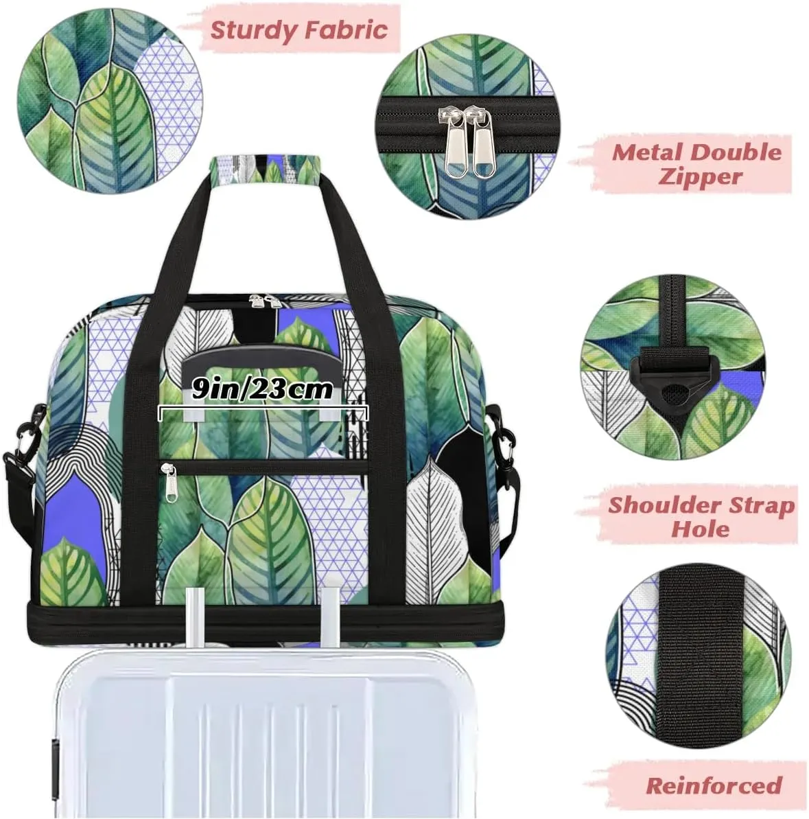 Leaf Pattern Sports Gym Bag with Shoes Compartment Foldable Travel Duffel Bag Dry Wet Separated Sports Tote Workout Weekender Overnight Bag for Women Yoga Dance Work Training Handbag