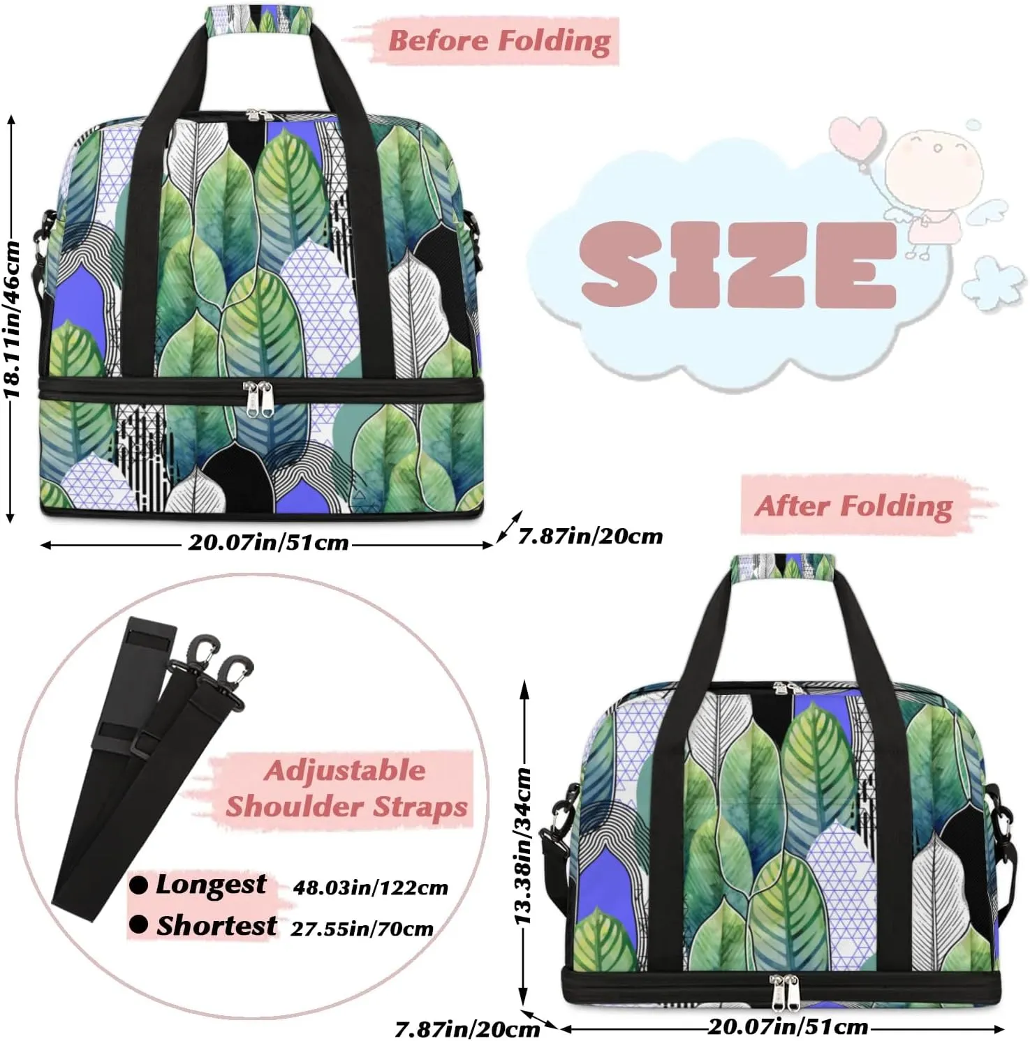 Leaf Pattern Sports Gym Bag with Shoes Compartment Foldable Travel Duffel Bag Dry Wet Separated Sports Tote Workout Weekender Overnight Bag for Women Yoga Dance Work Training Handbag