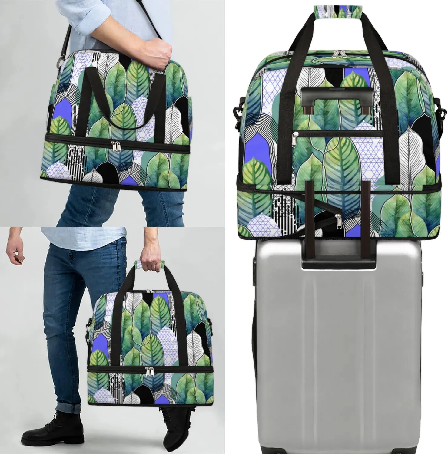 Leaf Pattern Sports Gym Bag with Shoes Compartment Foldable Travel Duffel Bag Dry Wet Separated Sports Tote Workout Weekender Overnight Bag for Women Yoga Dance Work Training Handbag