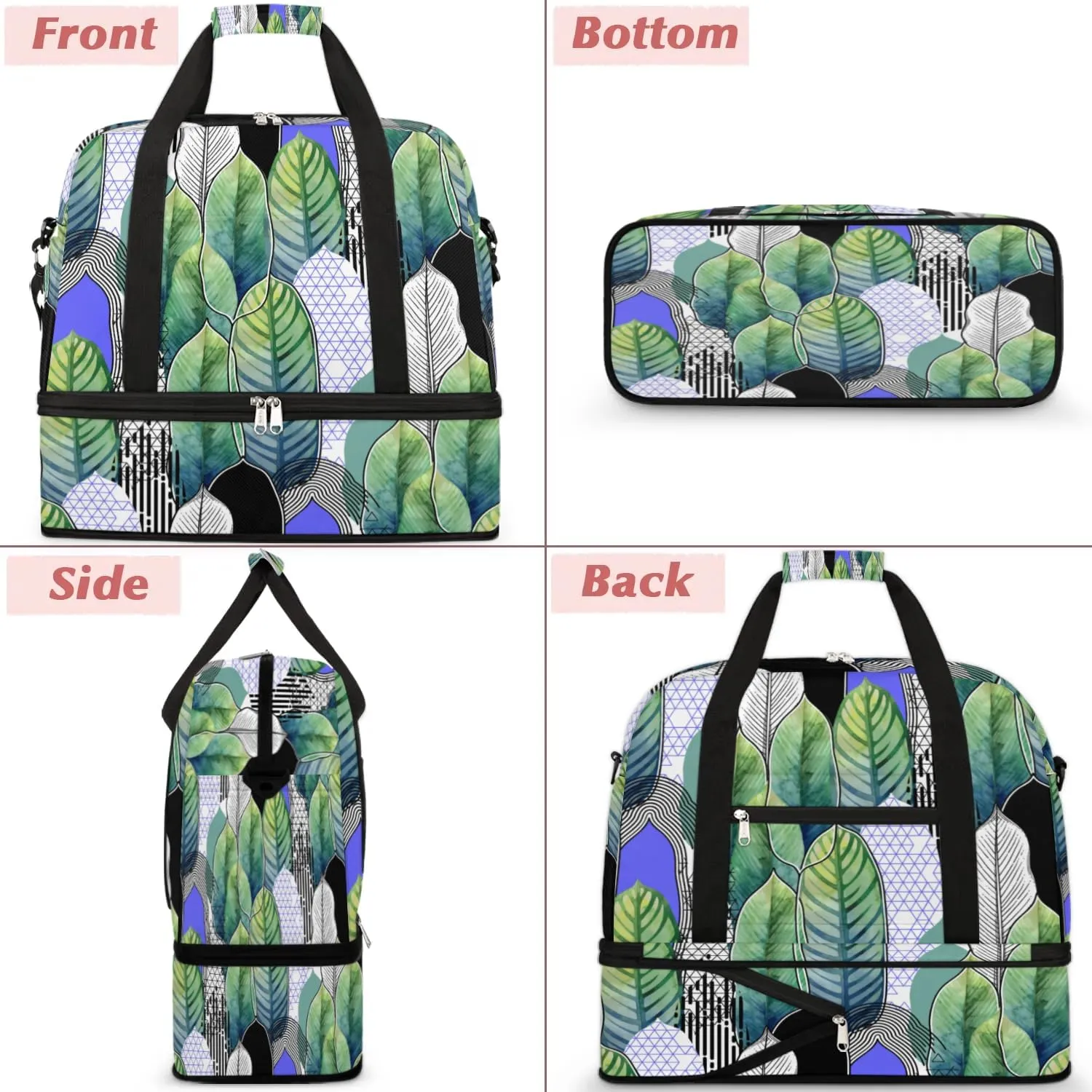 Leaf Pattern Sports Gym Bag with Shoes Compartment Foldable Travel Duffel Bag Dry Wet Separated Sports Tote Workout Weekender Overnight Bag for Women Yoga Dance Work Training Handbag