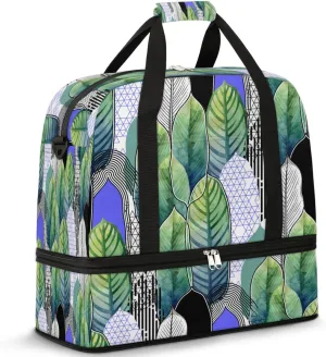 Leaf Pattern Sports Gym Bag with Shoes Compartment Foldable Travel Duffel Bag Dry Wet Separated Sports Tote Workout Weekender Overnight Bag for Women Yoga Dance Work Training Handbag