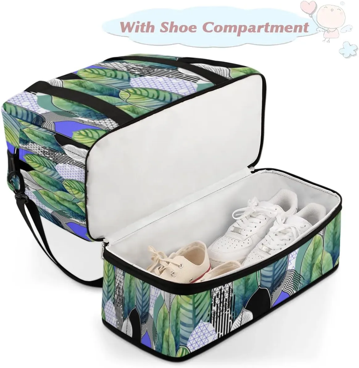 Leaf Pattern Sports Gym Bag with Shoes Compartment Foldable Travel Duffel Bag Dry Wet Separated Sports Tote Workout Weekender Overnight Bag for Women Yoga Dance Work Training Handbag