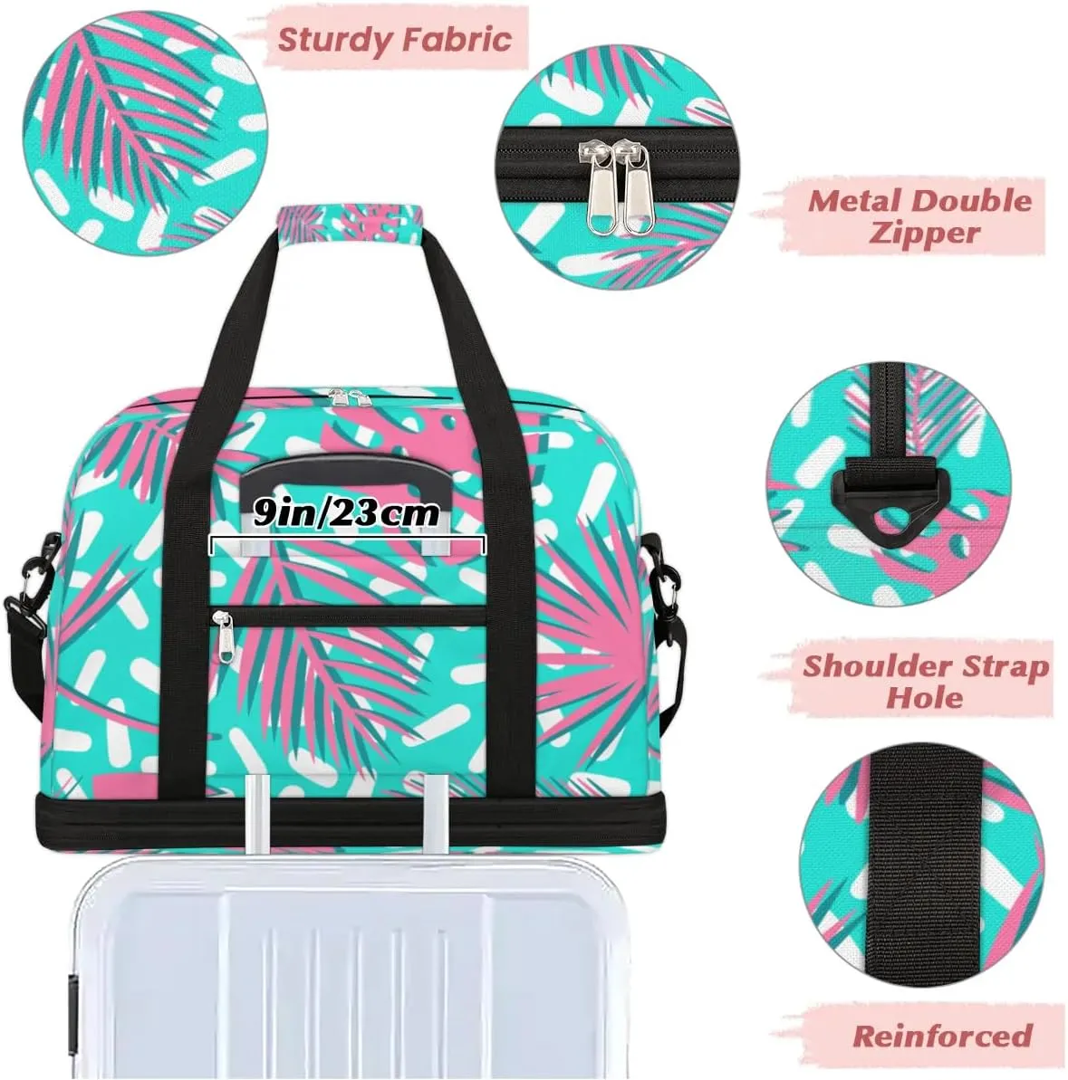 Leaf Print Sports Gym Bag with Shoes Compartment Foldable Travel Duffel Bag Dry Wet Separated Sports Tote Workout Weekender Overnight Bag for Women Yoga Dance Work Training Handbag