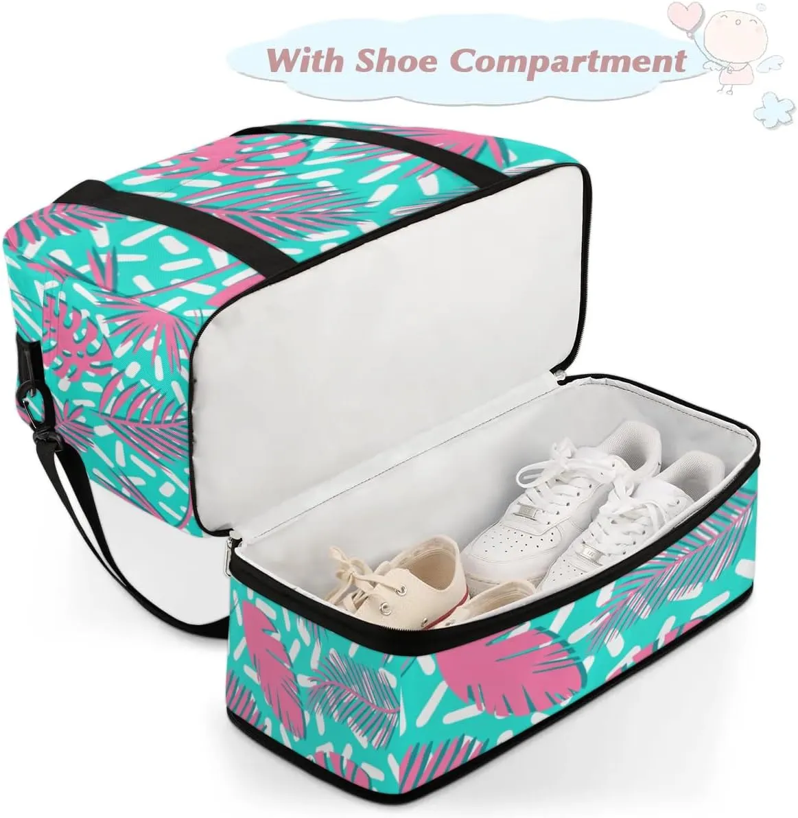 Leaf Print Sports Gym Bag with Shoes Compartment Foldable Travel Duffel Bag Dry Wet Separated Sports Tote Workout Weekender Overnight Bag for Women Yoga Dance Work Training Handbag
