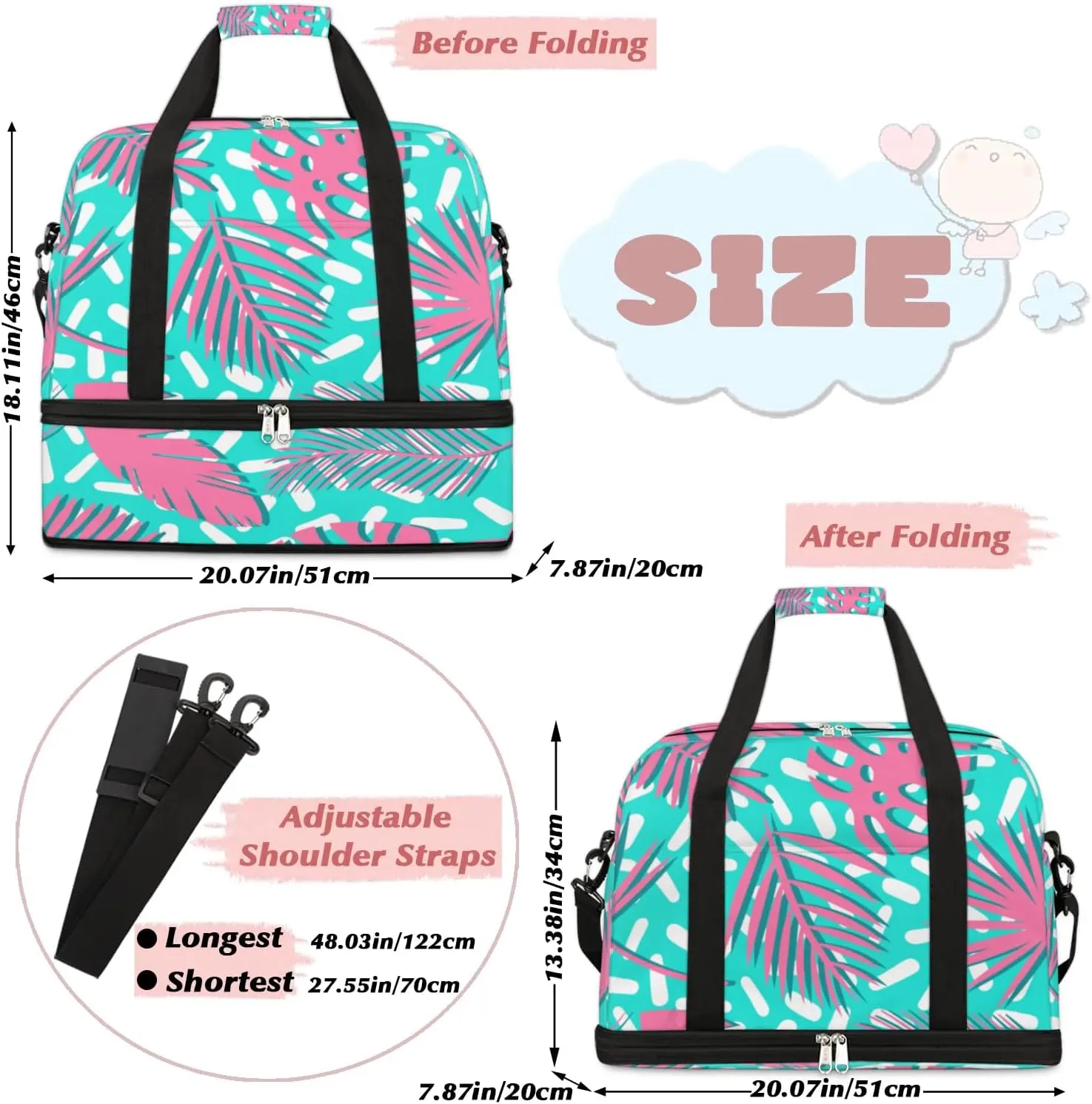 Leaf Print Sports Gym Bag with Shoes Compartment Foldable Travel Duffel Bag Dry Wet Separated Sports Tote Workout Weekender Overnight Bag for Women Yoga Dance Work Training Handbag