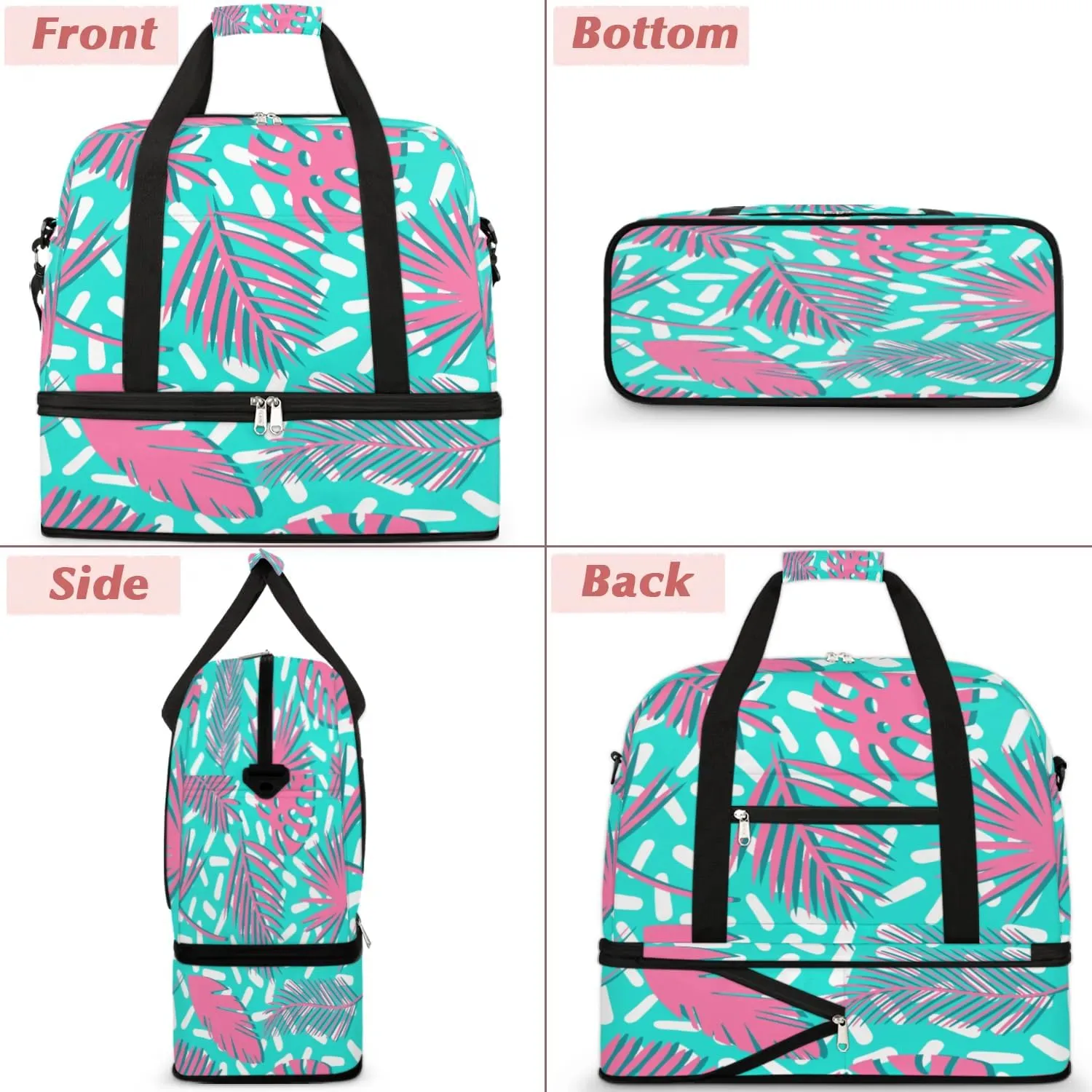Leaf Print Sports Gym Bag with Shoes Compartment Foldable Travel Duffel Bag Dry Wet Separated Sports Tote Workout Weekender Overnight Bag for Women Yoga Dance Work Training Handbag