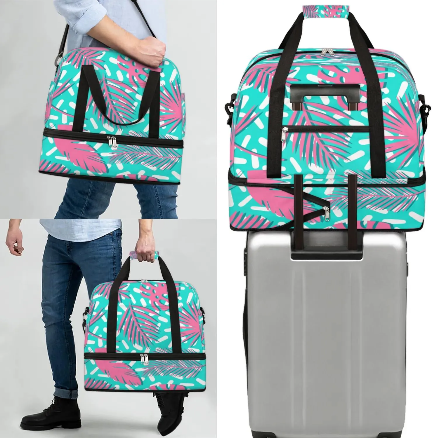 Leaf Print Sports Gym Bag with Shoes Compartment Foldable Travel Duffel Bag Dry Wet Separated Sports Tote Workout Weekender Overnight Bag for Women Yoga Dance Work Training Handbag
