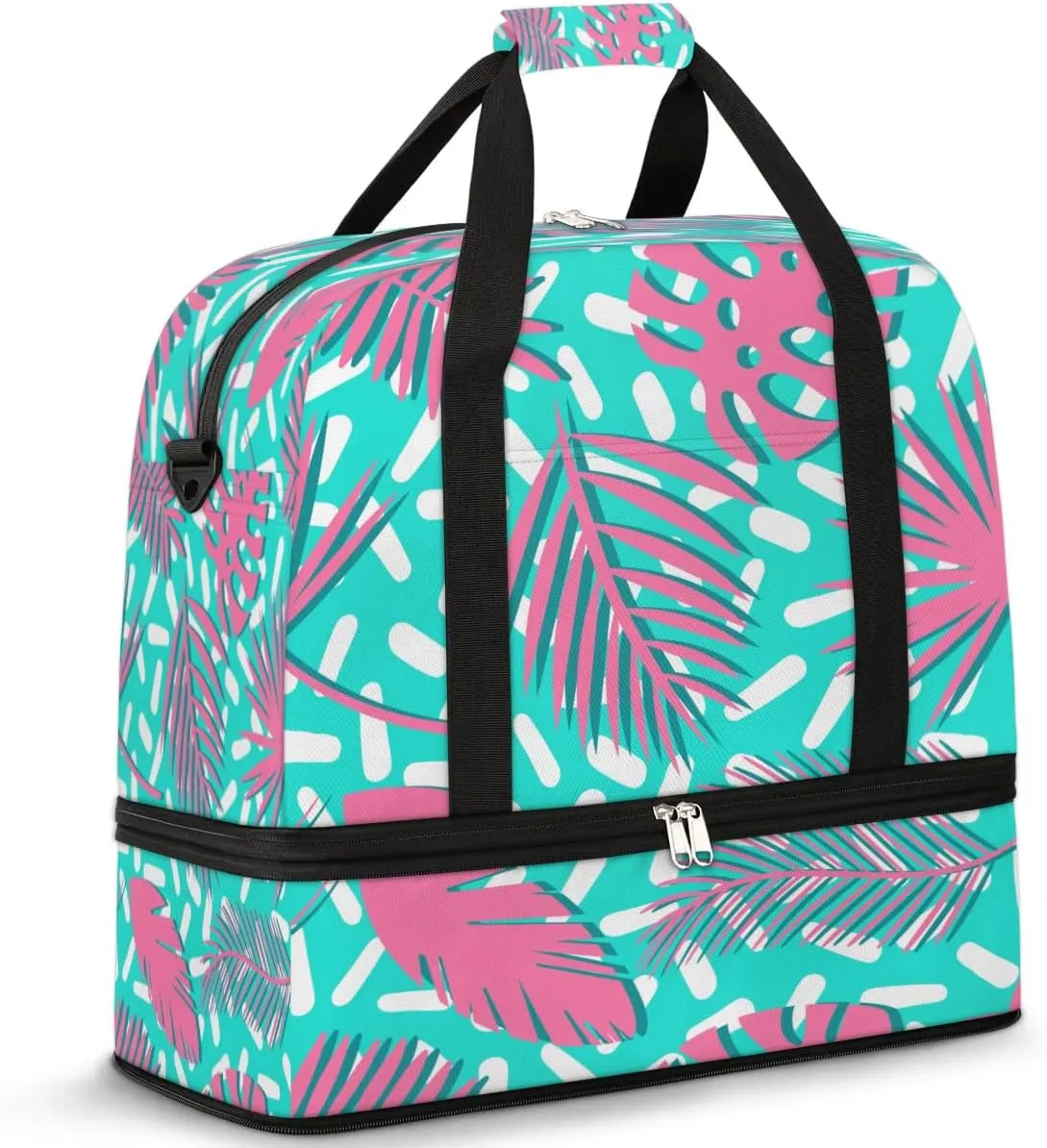 Leaf Print Sports Gym Bag with Shoes Compartment Foldable Travel Duffel Bag Dry Wet Separated Sports Tote Workout Weekender Overnight Bag for Women Yoga Dance Work Training Handbag
