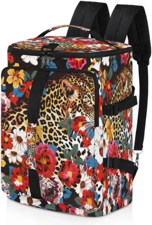 Leopard Print Flower Cheetah Travel Backpack Carry On Flight Approved for Men Women, Lightweight Large Luggage Weekender Casual Daypack Backpacks for Traveling Airplane