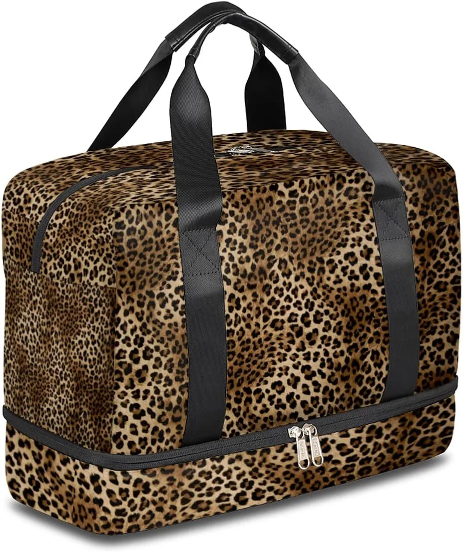 Leopard Print Sports Gym Bag with Shoes Compartment,Fashion Animal Print Travel Duffel Bag for Men Women Boys Girls Teens Overnight Weekend Yoga Workout Bag Training Handbag