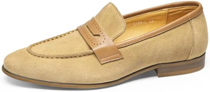 Loafers for Men Round Toe Nubuck Leather Penny Loafers Lightweight Flexible Flat Heel Casual Slip-on