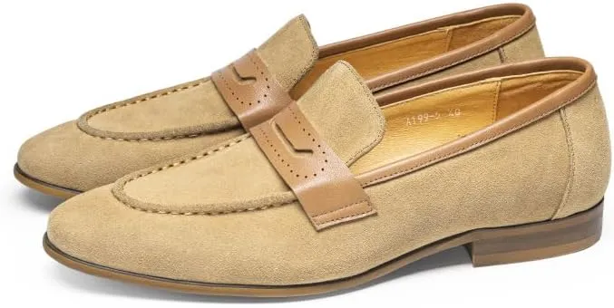 Loafers for Men Round Toe Nubuck Leather Penny Loafers Lightweight Flexible Flat Heel Casual Slip-on