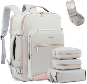 LOVEVOOK Carry on Backpack, 50L Travel Backpack Flight Approved, Waterproof Large 18inch Laptop Backpack Luggage Daypack Business Weekender Overnight with 3 Packing Cubes, Light gray-Pink