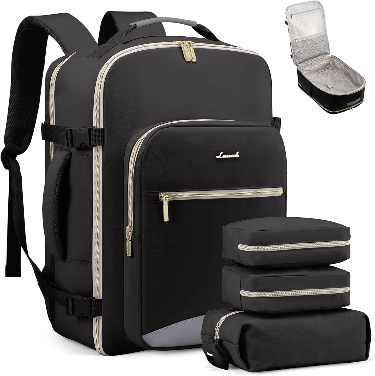 LOVEVOOK Carry on Travel Backpack, 50L Waterproof Large 18 inch Laptop Luggage Daypack as Personal Item Flight Approved, Business Weekender Overnight with 3 Packing Cubes, Black-Grey