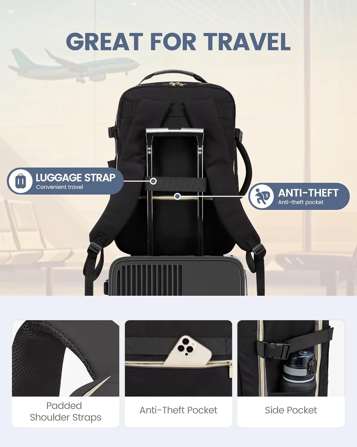 LOVEVOOK Carry on Travel Backpack, 50L Waterproof Large 18 inch Laptop Luggage Daypack as Personal Item Flight Approved, Business Weekender Overnight with 3 Packing Cubes, Black-Grey
