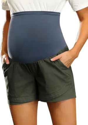 Maacie Maternity Shorts Over Belly Linen Cotton Comfy Shorts with Pockets
