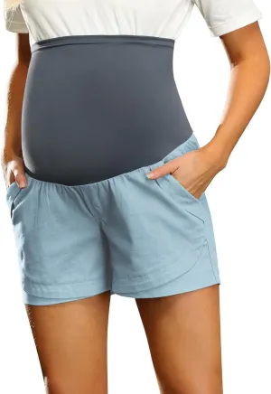Maacie Maternity Shorts Over Belly Linen Cotton Comfy Shorts with Pockets