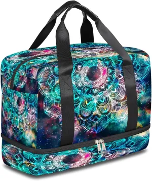 Mandala Galaxy Sports Gym Bag with Shoes Compartment,Ethnic Flower Floral Space Travel Duffel Bag for Men Women Boys Girls Teens Overnight Weekend Yoga Workout Bag Training Handbag