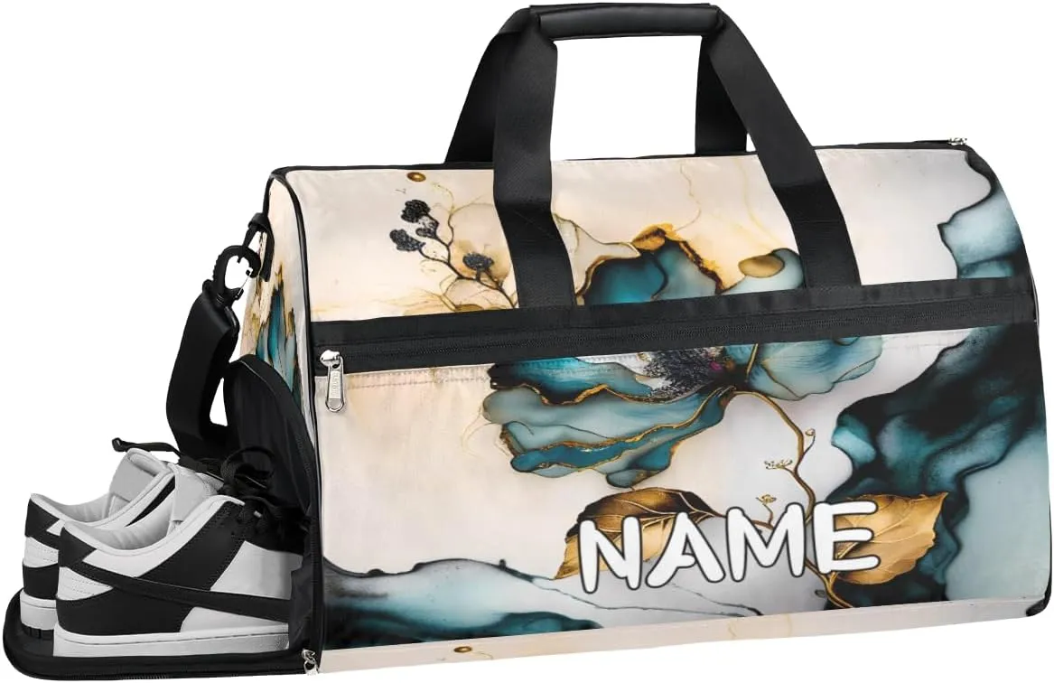 Marble Floral Pattern Sports Gym Bag with Wet Pocket & Shoes Compartment Travel Duffel Bag for Women Men Custom Sports Gym Bag Personalized Overnight Stay Weekend Tote Beach Luggage