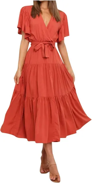 Maxi Dress for Women,2024 Summer Elegant V Neck Short Sleeve Beach Dress, Trendy Flowy Tiered A-Line Boho Dress