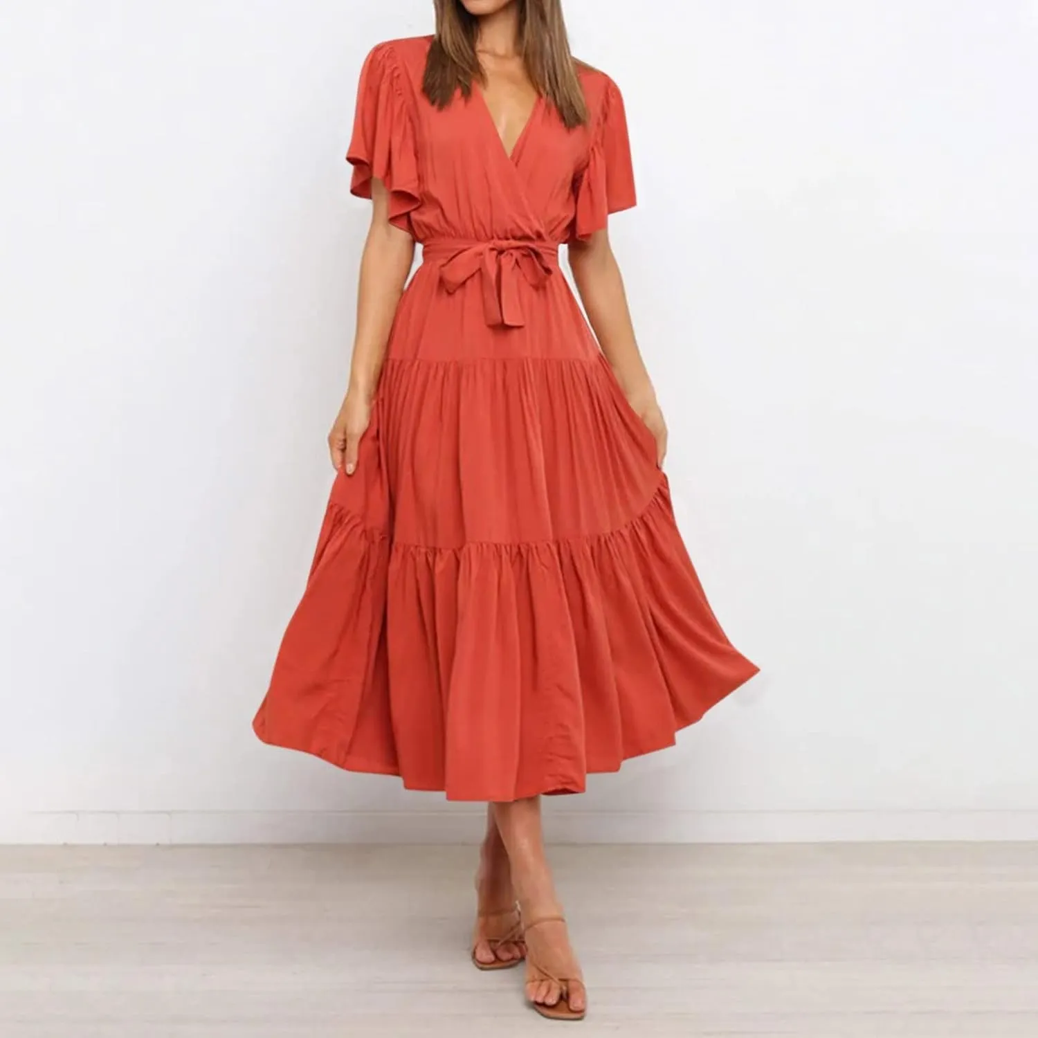 Maxi Dress for Women,2024 Summer Elegant V Neck Short Sleeve Beach Dress, Trendy Flowy Tiered A-Line Boho Dress