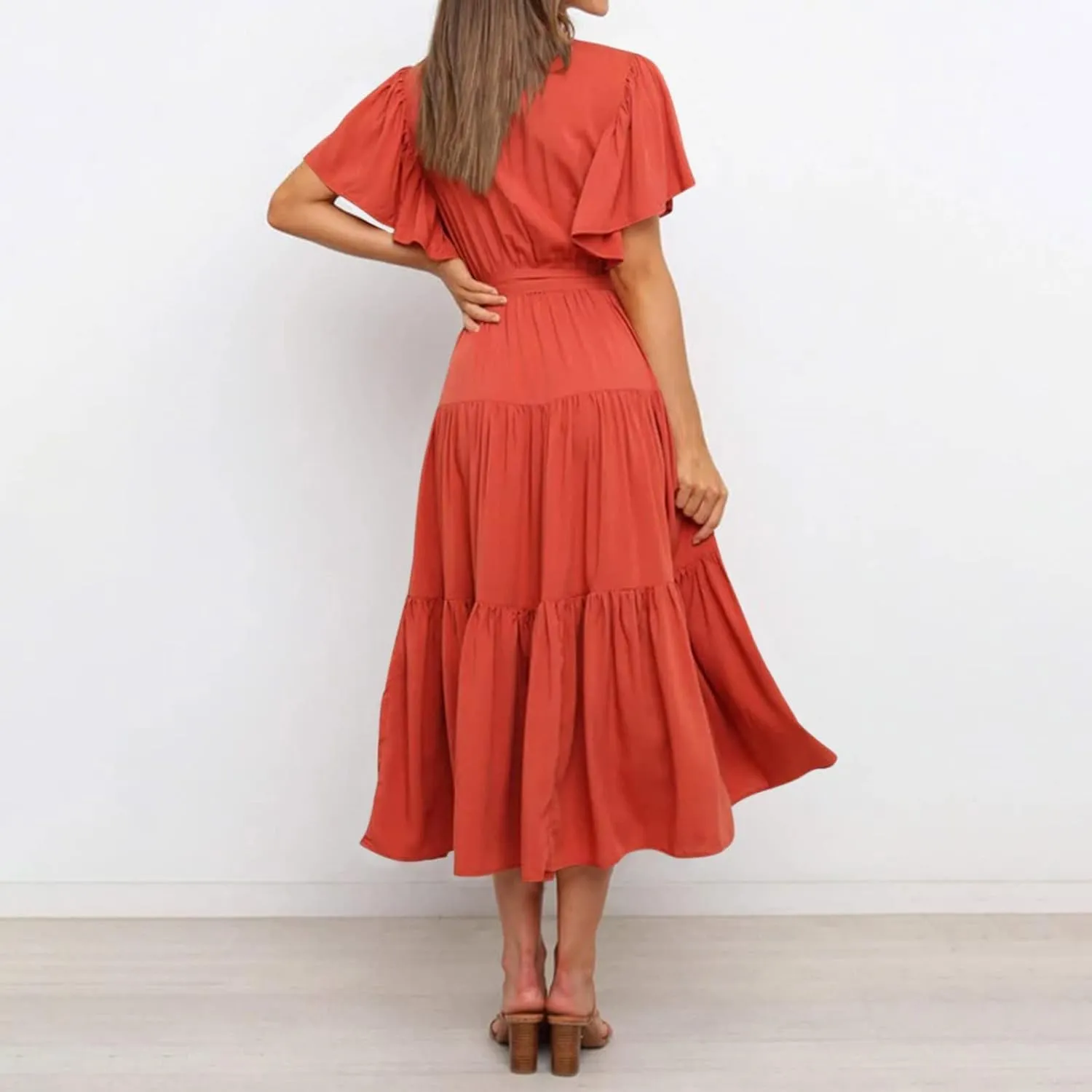 Maxi Dress for Women,2024 Summer Elegant V Neck Short Sleeve Beach Dress, Trendy Flowy Tiered A-Line Boho Dress