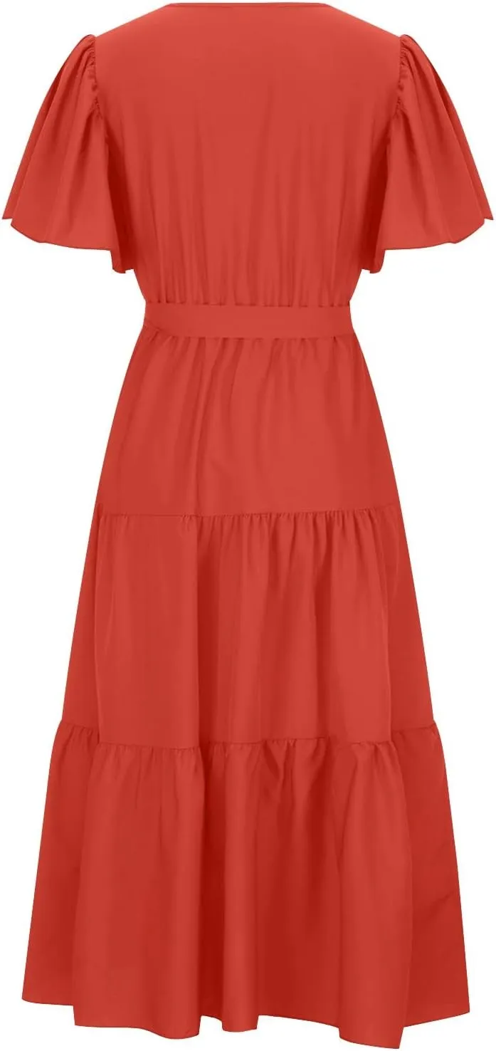 Maxi Dress for Women,2024 Summer Elegant V Neck Short Sleeve Beach Dress, Trendy Flowy Tiered A-Line Boho Dress