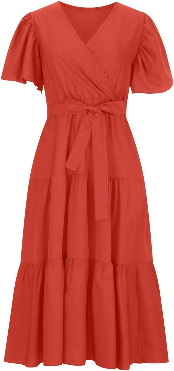 Maxi Dress for Women,2024 Summer Elegant V Neck Short Sleeve Beach Dress, Trendy Flowy Tiered A-Line Boho Dress