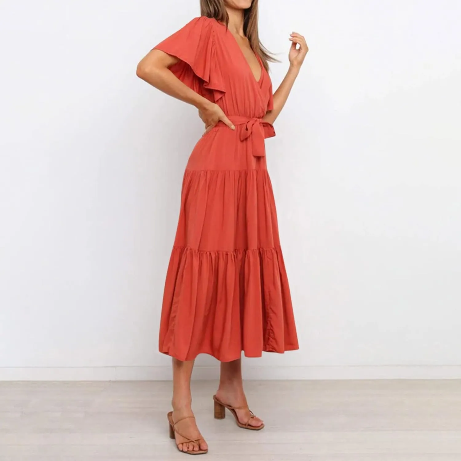 Maxi Dress for Women,2024 Summer Elegant V Neck Short Sleeve Beach Dress, Trendy Flowy Tiered A-Line Boho Dress