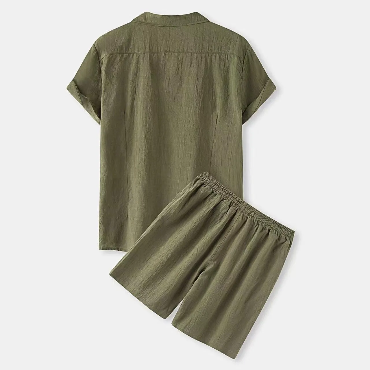 Men's 2 Piece Linen Sets Summer Beach Outfits Short Sleeve Button Shirt Drawstring Loose Shorts Suit Set