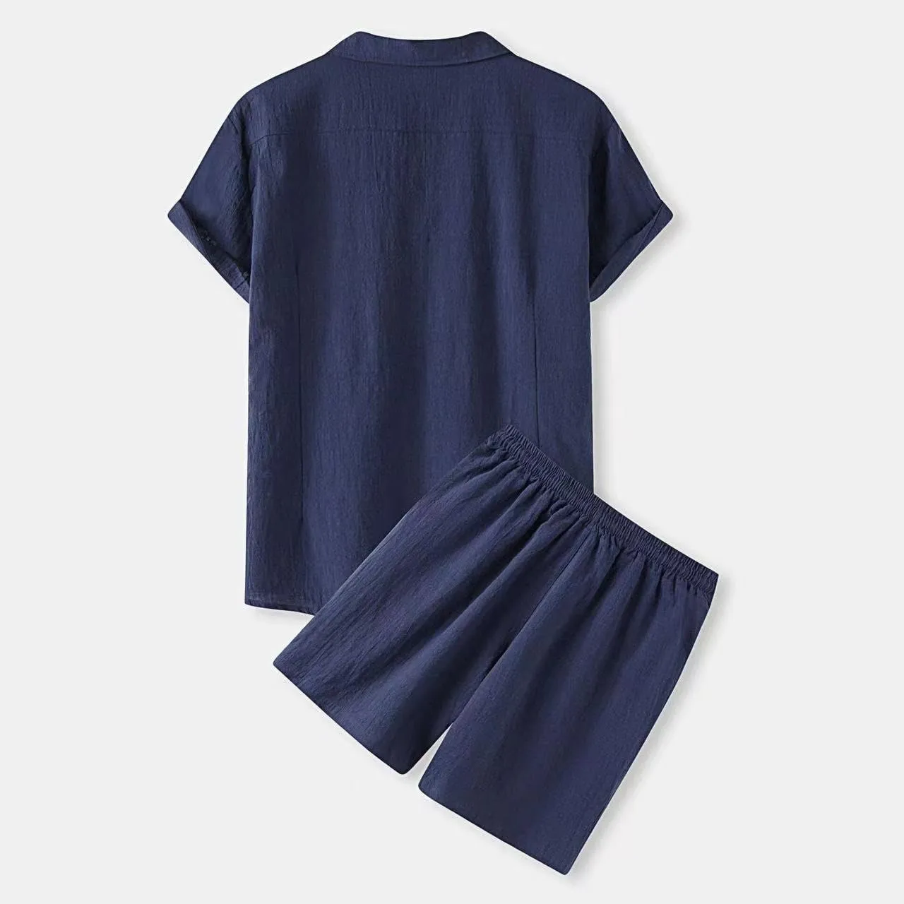 Men's 2 Piece Linen Sets Summer Beach Outfits Short Sleeve Button Shirt Drawstring Loose Shorts Suit Set