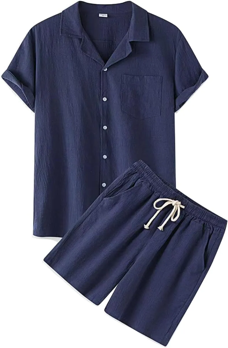 Men's 2 Piece Linen Sets Summer Beach Outfits Short Sleeve Button Shirt Drawstring Loose Shorts Suit Set