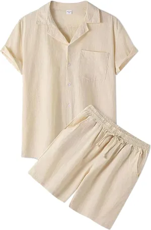 Men's 2 Piece Linen Sets Summer Beach Outfits Short Sleeve Button Shirt Drawstring Loose Shorts Suit Set