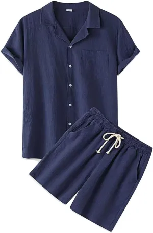 Men's 2 Piece Linen Sets Summer Beach Outfits Short Sleeve Button Shirt Drawstring Loose Shorts Suit Set