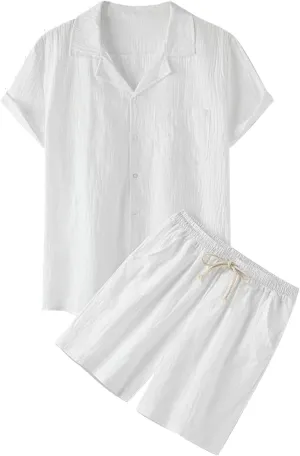 Men's 2 Piece Linen Sets Summer Beach Outfits Short Sleeve Button Shirt Drawstring Loose Shorts Suit Set