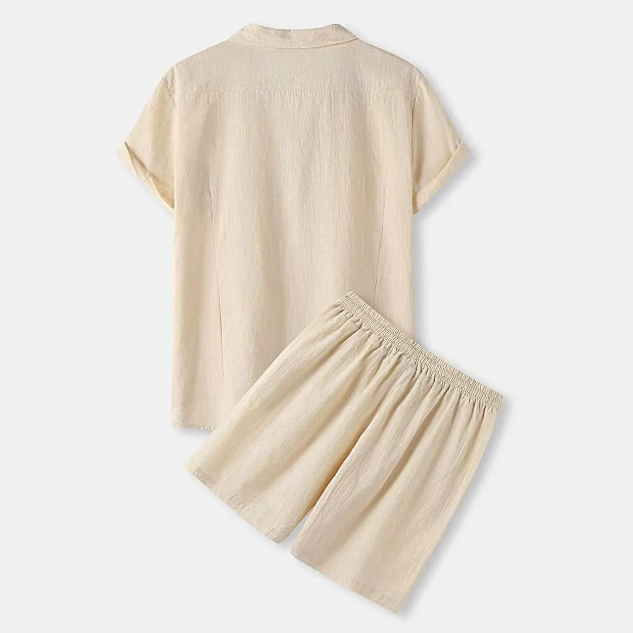 Men's 2 Piece Linen Sets Summer Beach Outfits Short Sleeve Button Shirt Drawstring Loose Shorts Suit Set