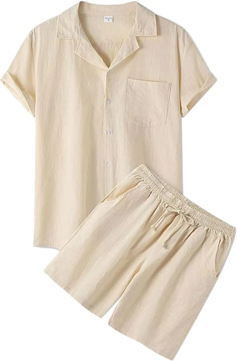Men's 2 Piece Linen Sets Summer Beach Outfits Short Sleeve Button Shirt Drawstring Loose Shorts Suit Set