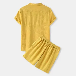 Men's 2 Piece Linen Sets Summer Beach Outfits Short Sleeve Button Shirt Drawstring Loose Shorts Suit Set
