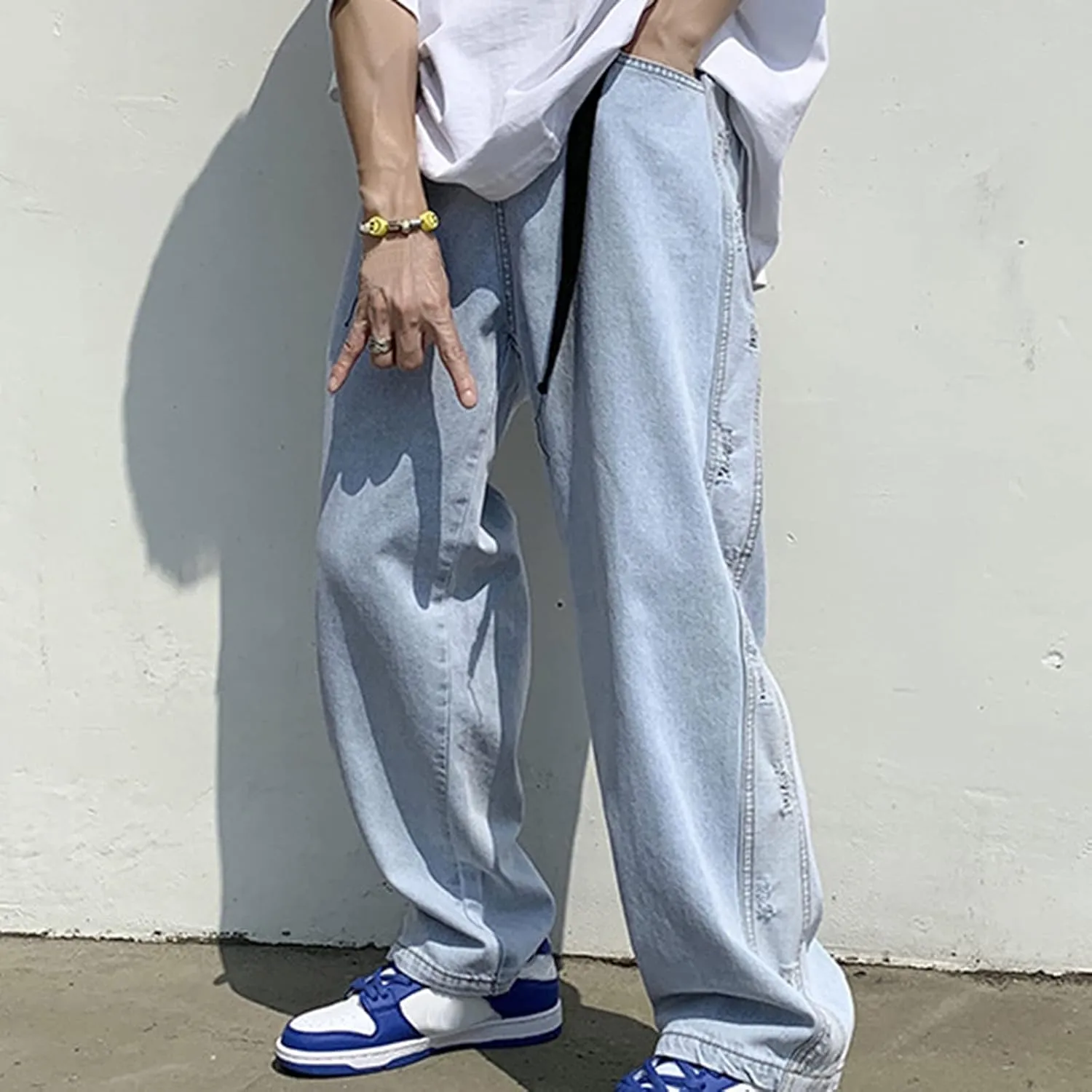 Men's Baggy Jeans Straight Wide Leg Relaxed Fit Classic Denim Pants Zip Up Vintage Hip Hop Denim Trousers Streetwear