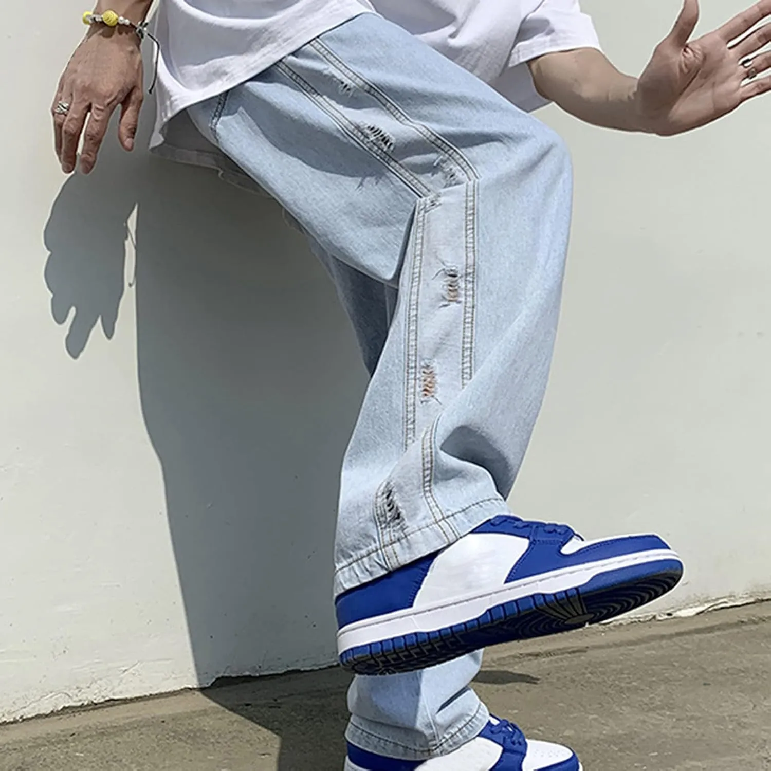 Men's Baggy Jeans Straight Wide Leg Relaxed Fit Classic Denim Pants Zip Up Vintage Hip Hop Denim Trousers Streetwear
